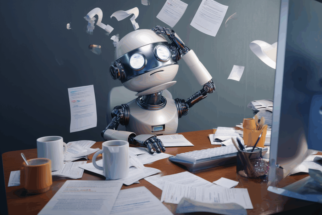 Overwhelmed AI robot at a cluttered desk, surrounded by flying papers and coffee cups, looking confused.