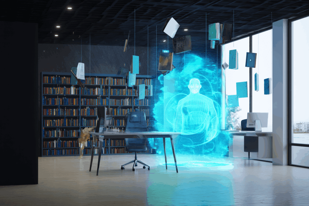 AI surrounded by hallucinated research and fictional sources.