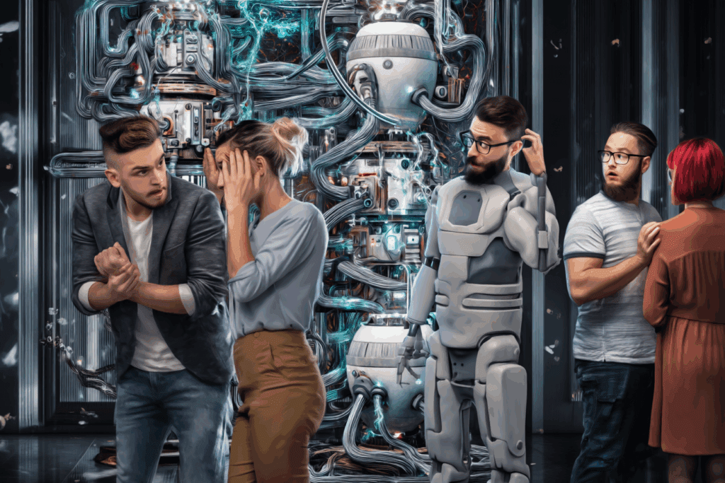 Group of confused engineers arguing in front of a chaotic AI machine with tangled wires, while one man wearing a robotic suit looks equally bewildered. Humorous depiction of humans losing control over their own technology.