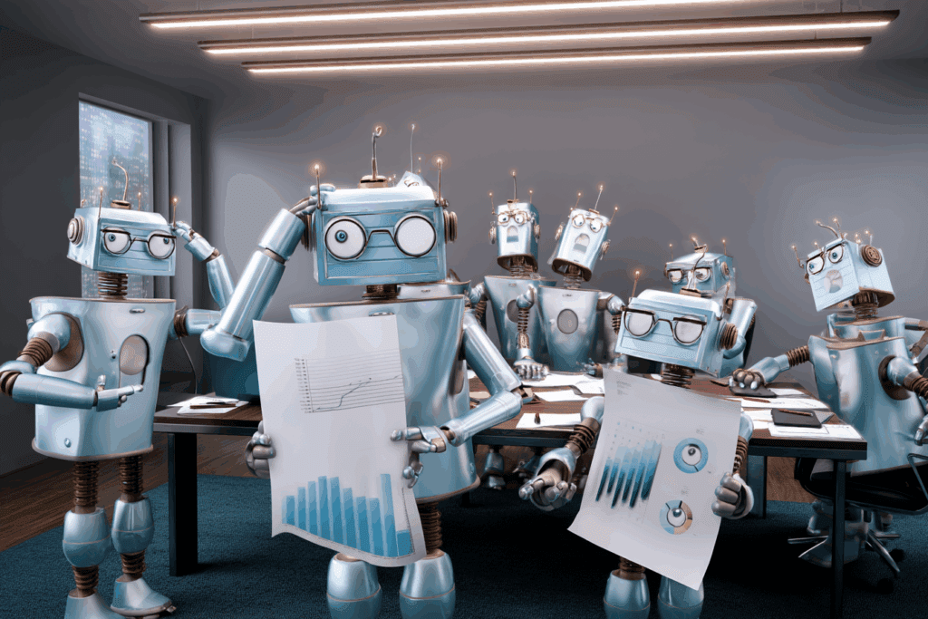 Quirky blue robots in a meeting room, looking confused while holding upside-down charts.