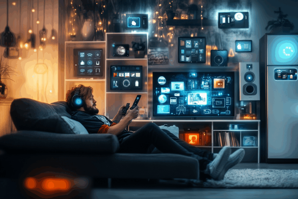 A person slouches on a couch in a smart home, surrounded by glowing screens and devices, looking overwhelmed and lost in tech.