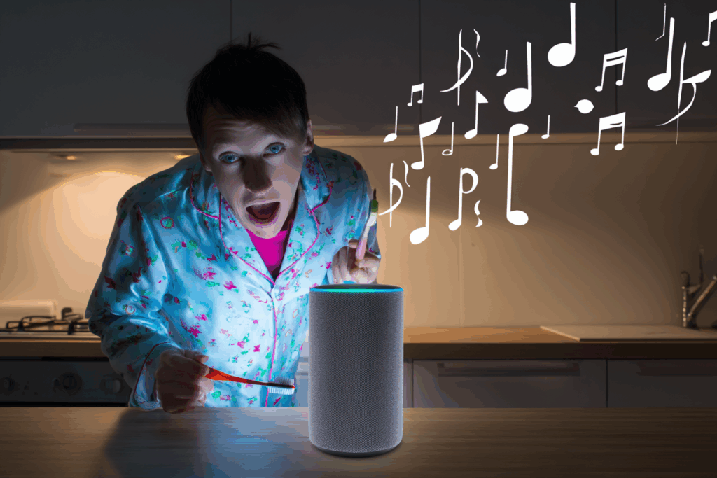 Person confused by smart assistant playing unexpected music.