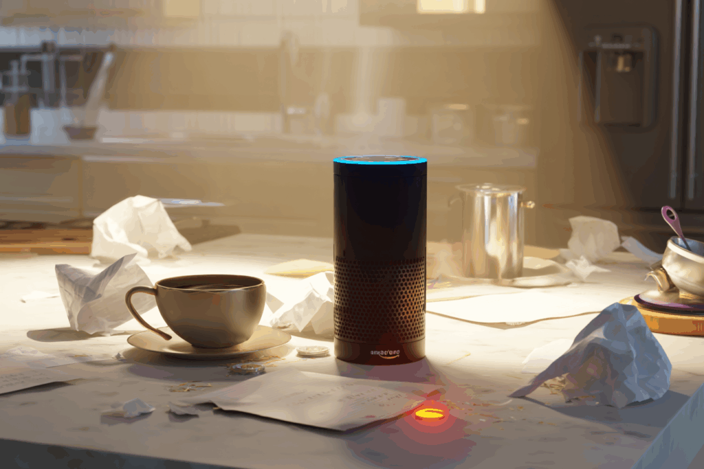 Smart speaker on a messy kitchen counter with signs of tech confusion.