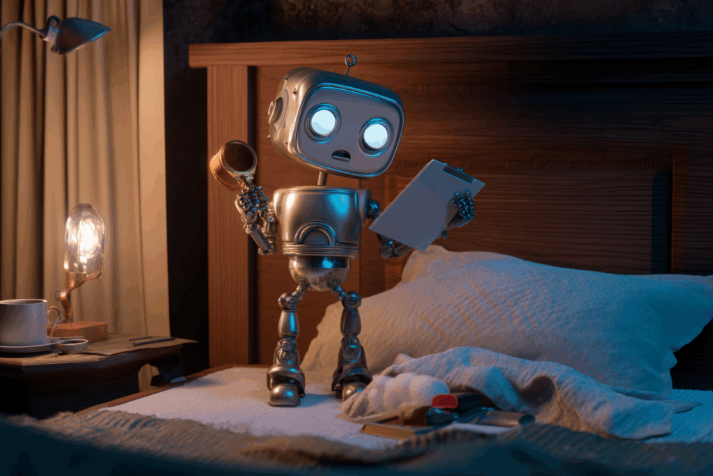Confused AI robot holding a clipboard and flashlight, standing by a human’s bed at night.