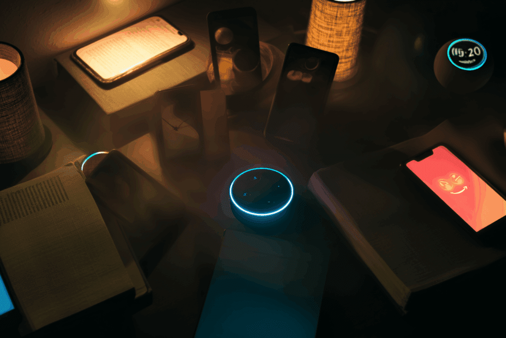 Smart assistant glowing in a room full of silent smart devices.