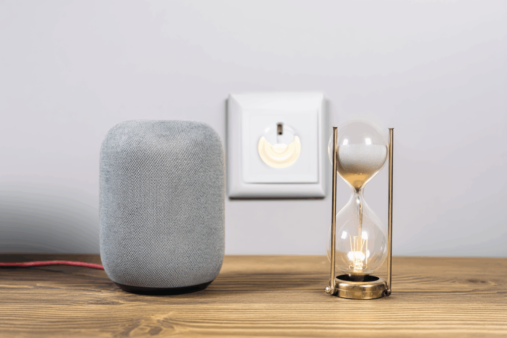 Modern smart speaker beside classic egg timer and light switch.