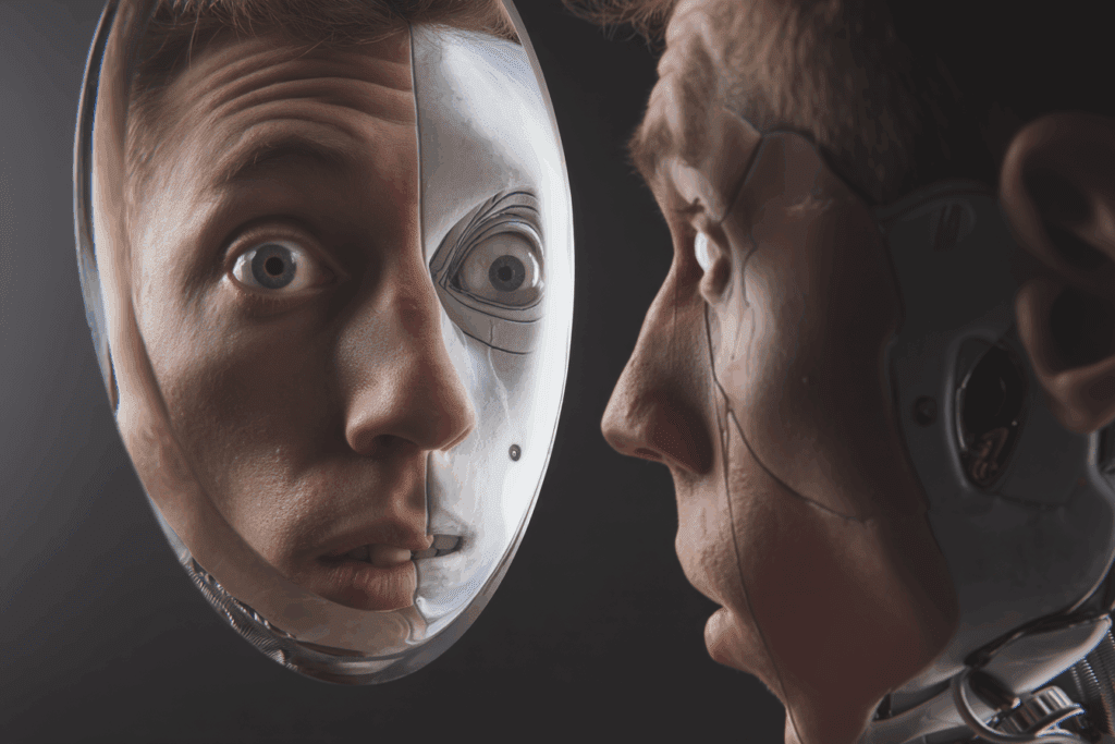 A human face staring into a mirror reflecting a robotic version of themselves, both looking equally confused. Symbolizes the blurred line between human thought and AI prediction.