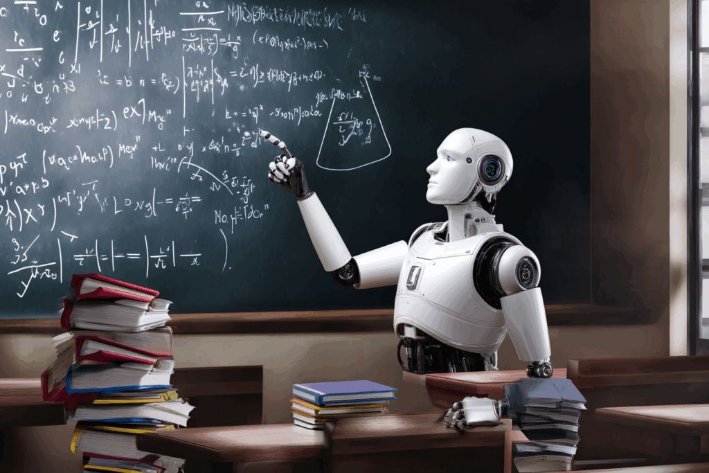 AI robot confidently teaching fictional information on a whiteboard.