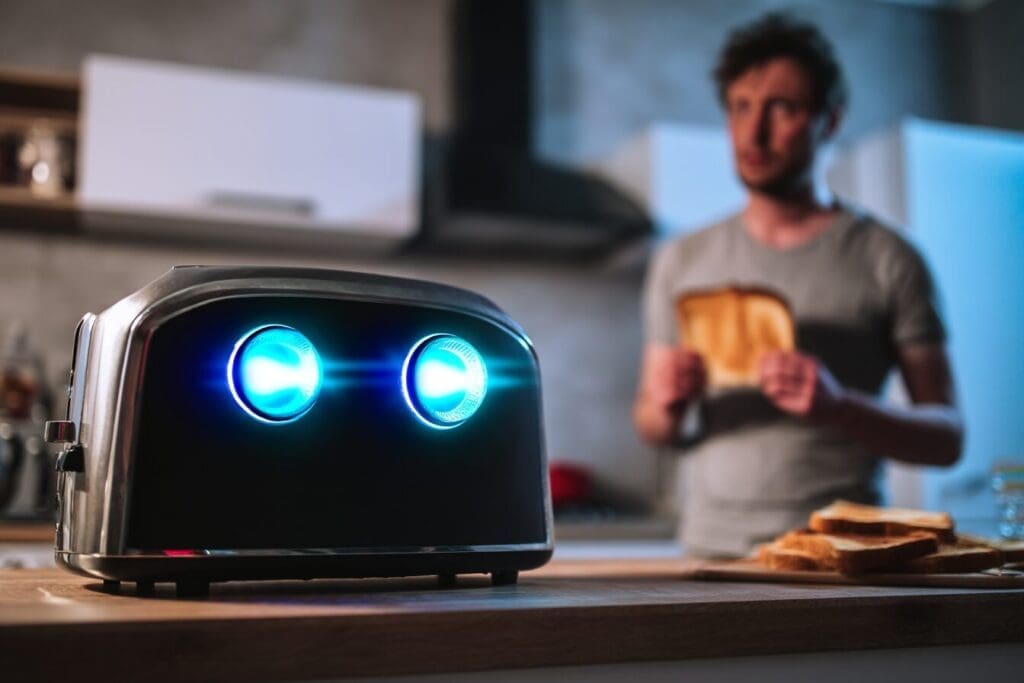 A smart toaster with glowing lights sits on a modern kitchen counter while a confused man in the background holds burnt toast.