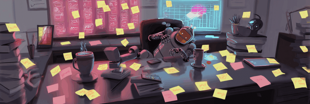 A robot buried in sticky notes and productivity charts, slumped at a messy desk