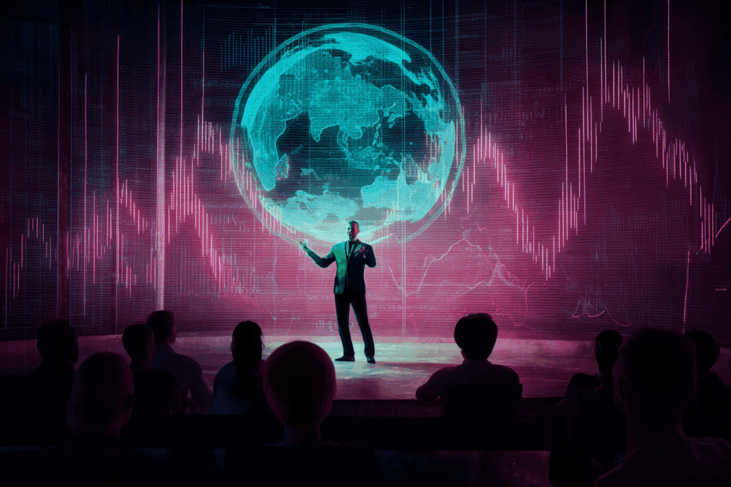 A sharply dressed man stands on a stage, gesturing confidently in front of a massive glowing digital globe and vibrant magenta data graphs. The audience watches from the shadows as neon lights bathe the futuristic scene in a surreal, tech-saturated glow.
