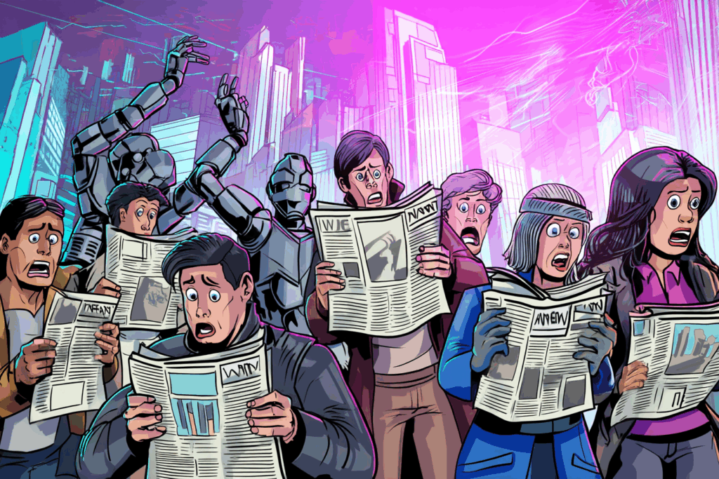 Cartoon-style crowd of humans panicking while reading newspapers with alarming AI headlines, robots lurking in the background, futuristic cityscape in neon colors