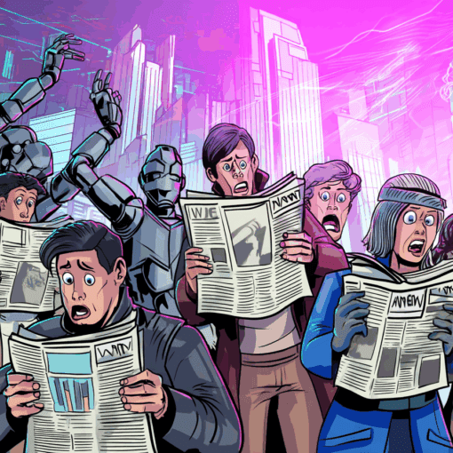 Cartoon-style crowd of humans panicking while reading newspapers with alarming AI headlines, robots lurking in the background, futuristic cityscape in neon colors