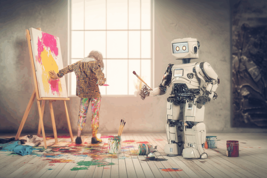 Messy art studio with a robot awkwardly holding a paintbrush while a human artist finger-paints a chaotic canvas, colorful paint splattered everywhere