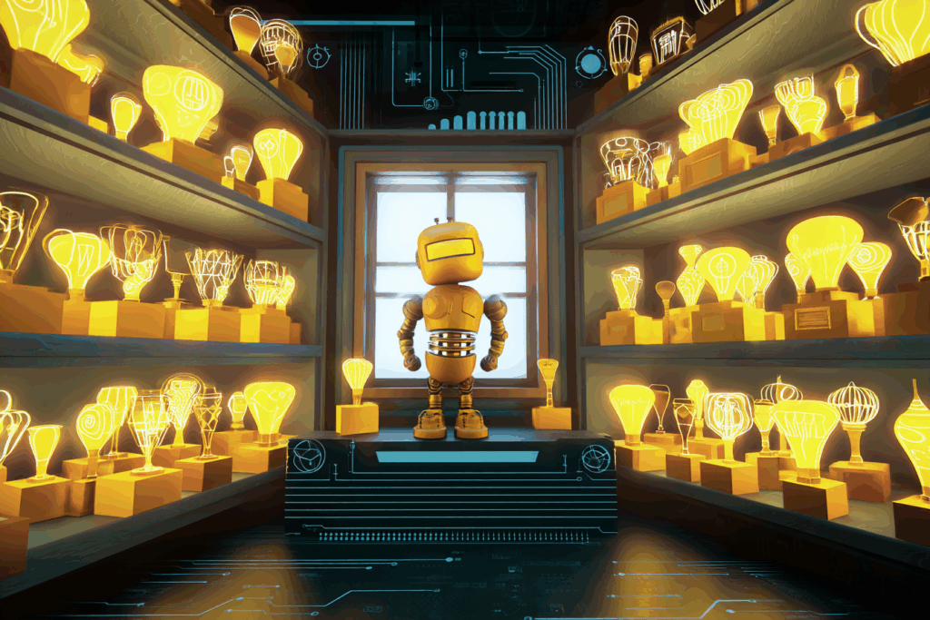 A golden cartoon-style robot stands triumphantly in the center of a futuristic trophy room, surrounded by glowing yellow awards shaped like lightbulbs. Circuit patterns decorate the floor and walls, emphasizing a satirical celebration of meaningless tech accolades.