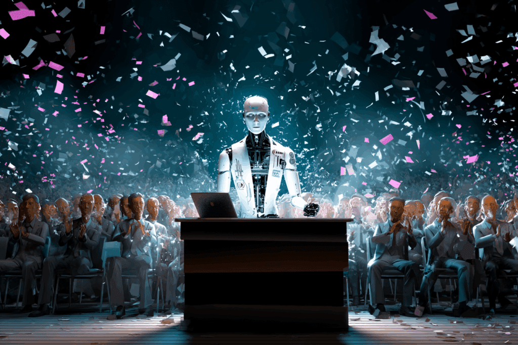 A humanoid robot basks in confetti and applause while a crowd of blank-faced humans claps on command.