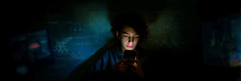 A teenager sits alone in a dark room, lit only by the glow of a phone screen, with digital patterns and algorithmic symbols surrounding them in the shadows.