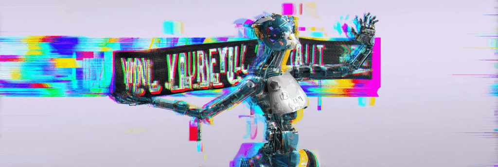 A glitchy robot proudly waves a distorted banner with unreadable text, mid-meltdown.
