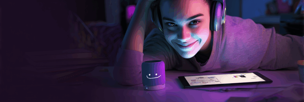 Teen with headphones smirks at the camera while a glowing AI assistant and tablet sit nearby.