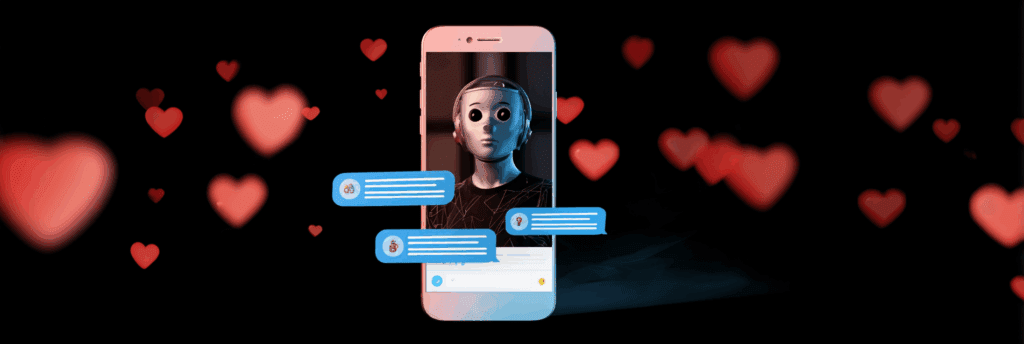 A cartoonish chatbot on a phone screen surrounded by floating hearts and message bubbles, symbolizing artificial emotional connection.
