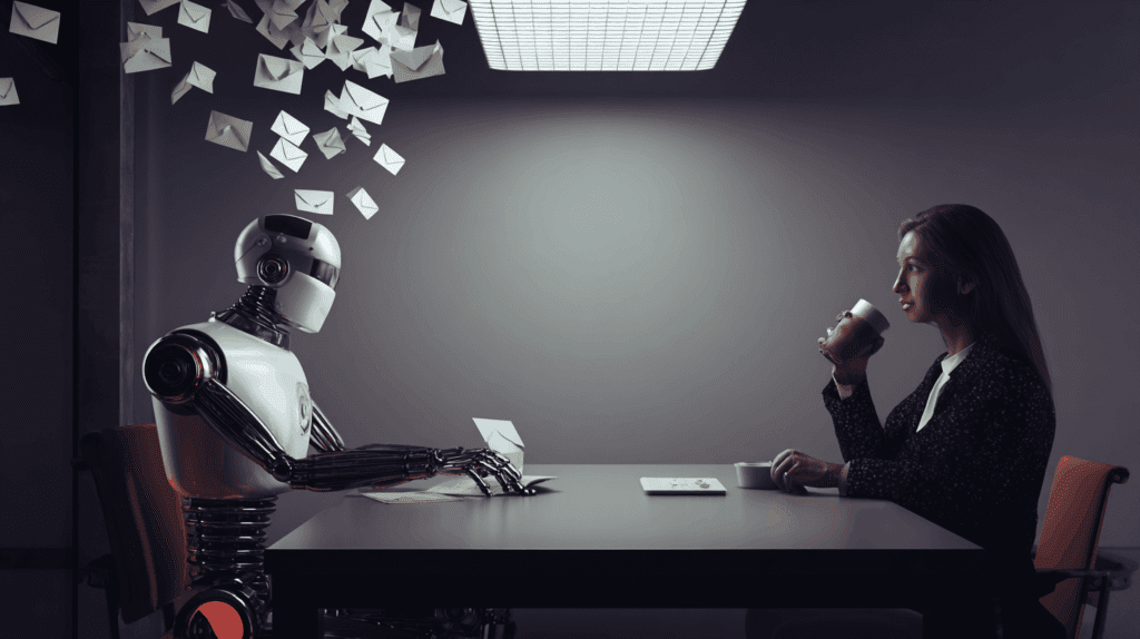 Robot assistant methodically sorting envelopes while a human casually sips coffee, illustrating the mundane integration of AI into everyday life.
