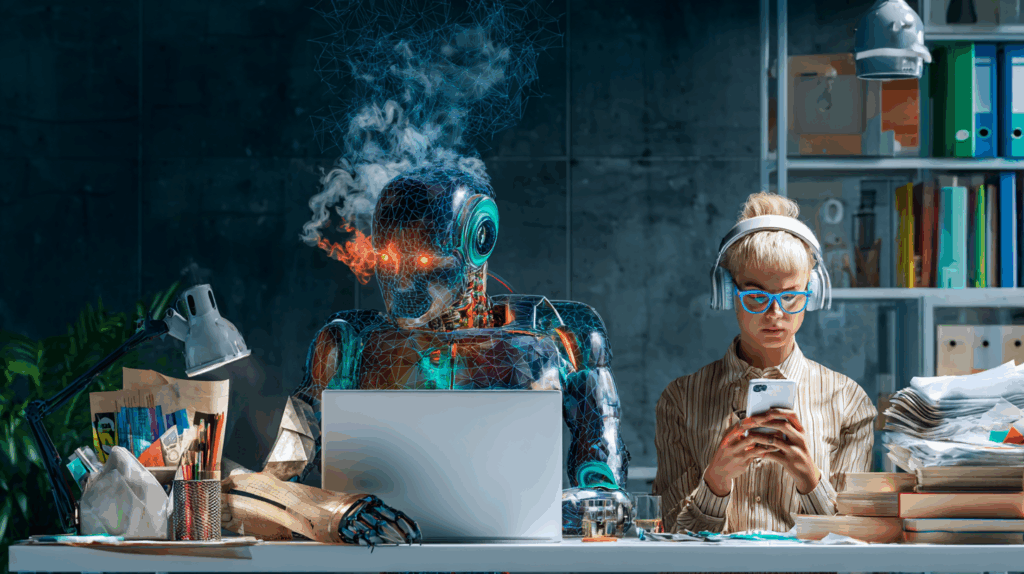 An AI robot struggles with burnout while a calm office worker scrolls their phone, surrounded by paperwork and chaos.