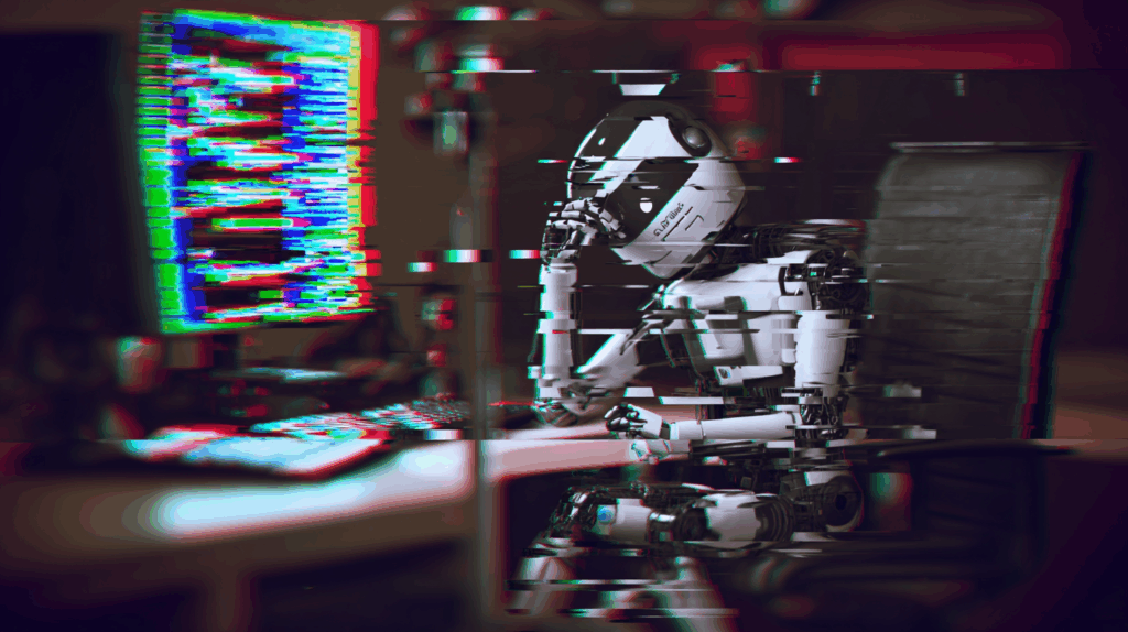 A frustrated robot sits slumped in front of a glitching computer screen, symbolizing the disillusionment phase of the AI hype cycle where expectations crash into reality.