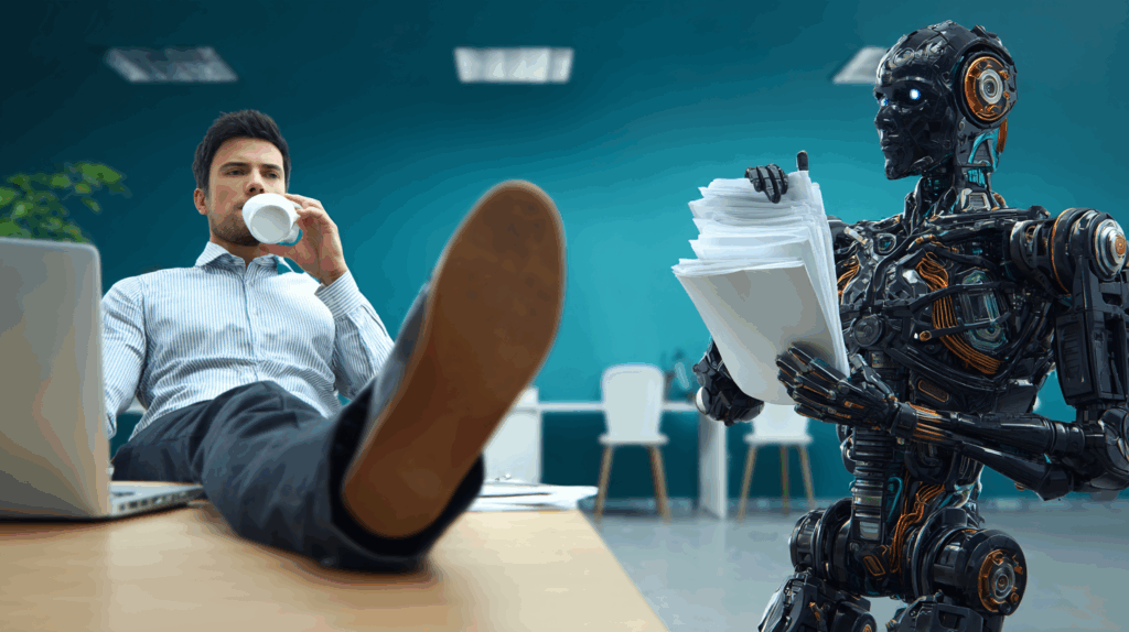 A human drinks coffee with feet on the desk while an overloaded AI assistant reads a giant stack of papers.