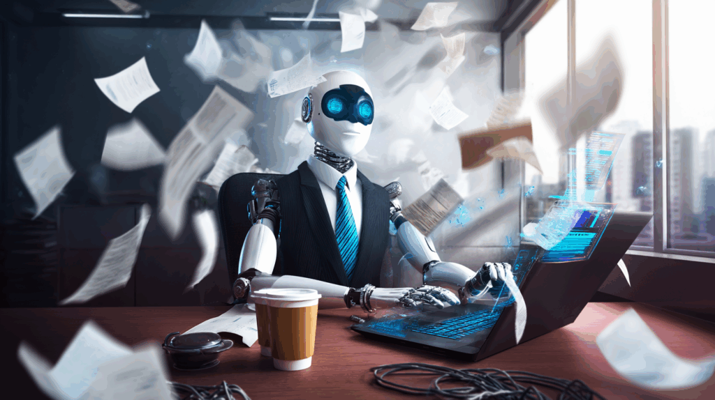 A humanoid robot in a business suit sits at a desk as papers fly around chaotically, glowing blue eyes focused on a holographic laptop screen—symbolizing the messy promise of AI agents running the show.