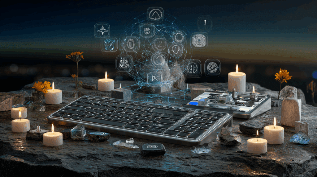 A mystical altar made of keyboards, candles, and digital symbols, blending technology and ritual.