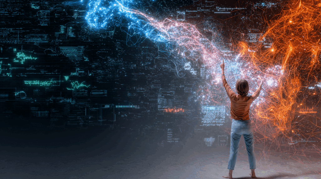 A person stands in a glowing digital space, reaching toward a swirling storm of AI code and energy, as if trying to command it.