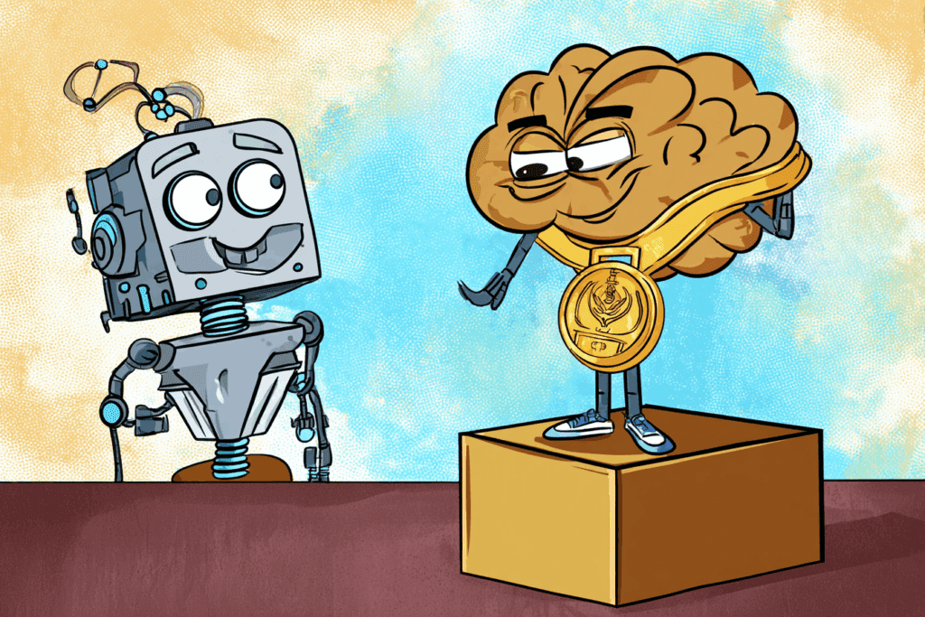 A cartoon brain with a gold medal stands smugly on a podium, while a robot beside it looks on with a goofy smile.