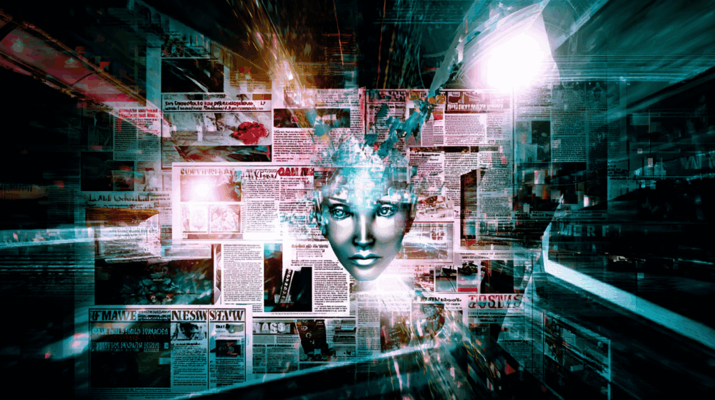Glowing AI face emerging from a chaotic collage of digital newspapers and headlines, representing the overwhelming media hype surrounding artificial intelligence.