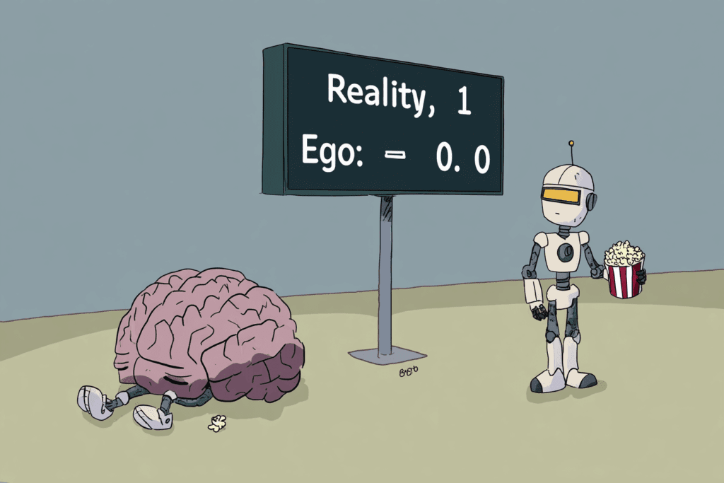 A cartoon scoreboard displays “Reality: 1 | Ego: 0” while a robot eats popcorn and a deflated brain lies slumped on the ground in sneakers.