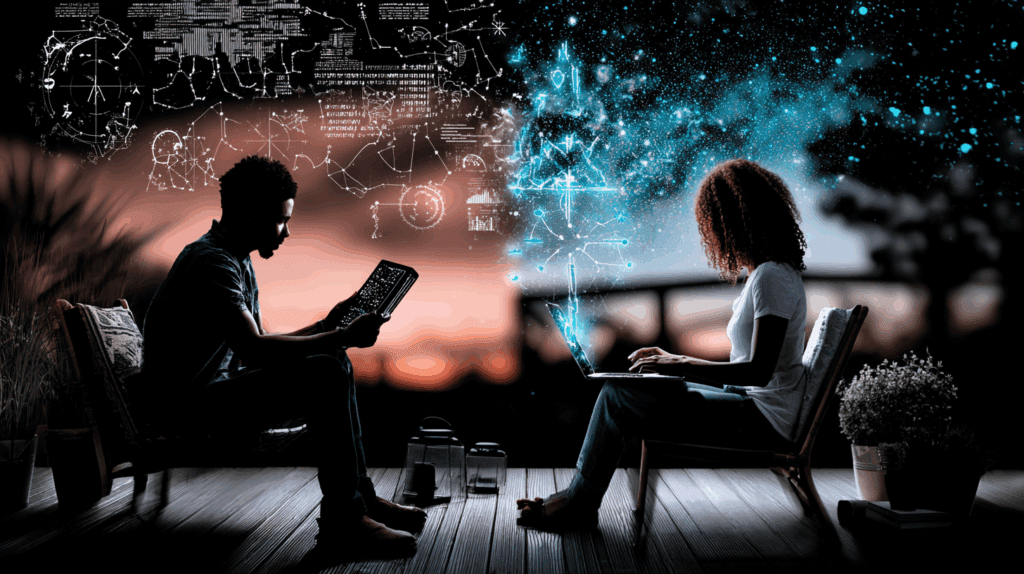 Split scene of an astrologer reading star charts and a person prompting an AI, both under a starry sky, drawing parallels between ancient rituals and modern tech habits.