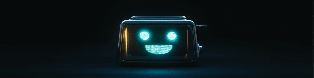 A metallic toaster with a glowing digital smiley face, staring directly ahead—simultaneously charming and unsettling in its attempt to be emotionally supportive.