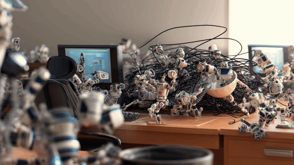 A chaotic swarm of small blue-and-white robots tangled in wires and scrambling across office desks, symbolizing the overloaded promises and messy reality of AI agents trying to do too much.