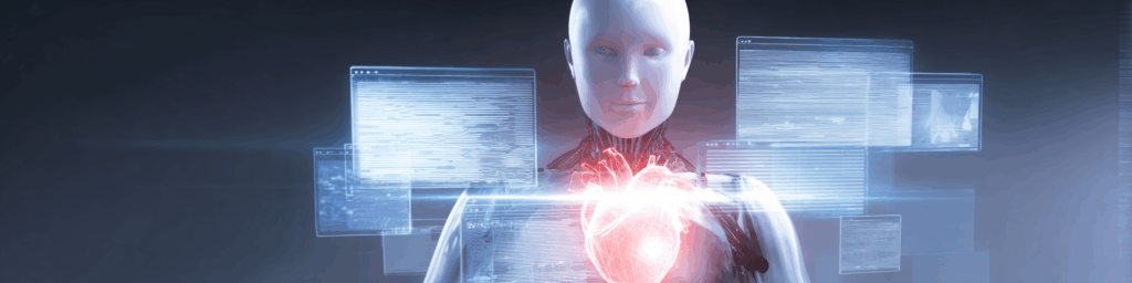 A lifelike humanoid robot holds a glowing red heart in its hands, surrounded by floating system windows—portraying emotional simulation through software.