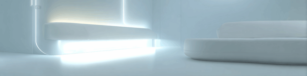An ultra-modern, sterile therapy room with a glowing white couch and minimalistic walls—calm on the surface, but emotionally vacant.