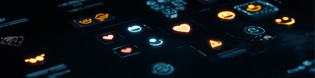  A digital user interface filled with glowing emoji and heart icons—simulating emotion through a sleek, sterile display.
