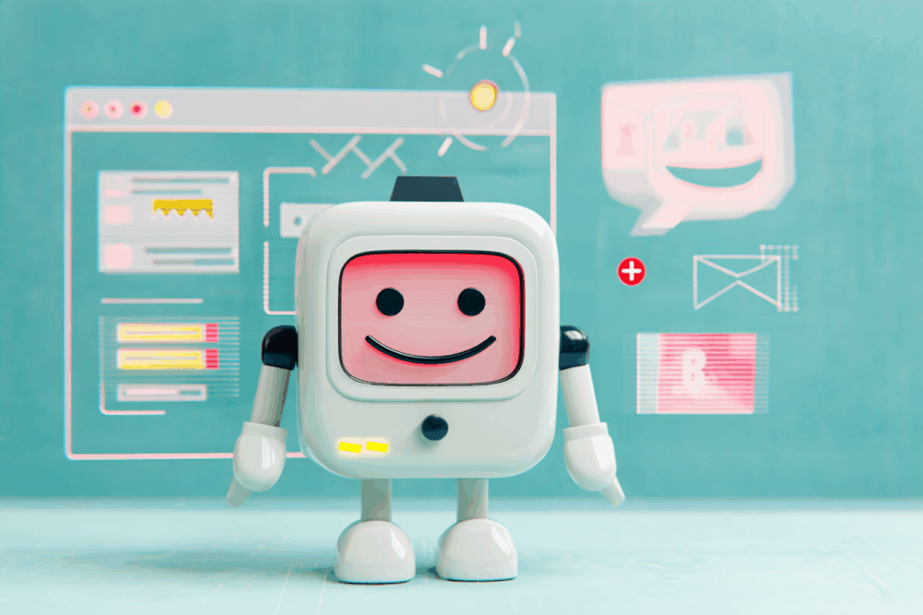 A cheerful cartoon-style robot with a big pink smile stands in front of a digital interface. Its overly friendly expression contrasts with the complex tech behind it, playfully suggesting AI can be both helpful and misleading