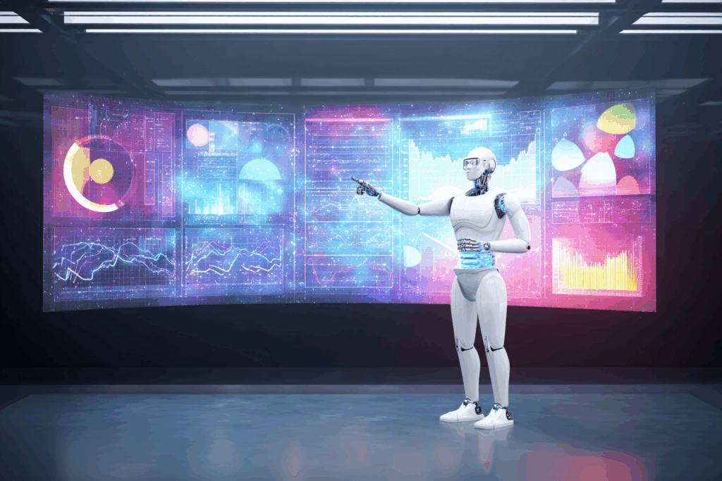 A humanoid robot confidently points at a large futuristic screen filled with glowing, colorful charts and graphs. The data appears impressive but nonsensical, suggesting a satirical take on AI overconfidence