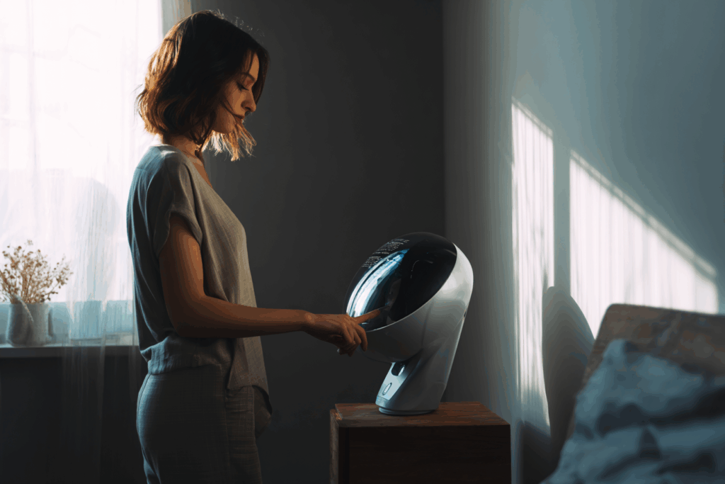 A woman quietly interacts with a sleek, futuristic AI assistant in a softly lit room. The scene is calm and intimate, hinting at human trust in technology—even when that trust may be misplaced.