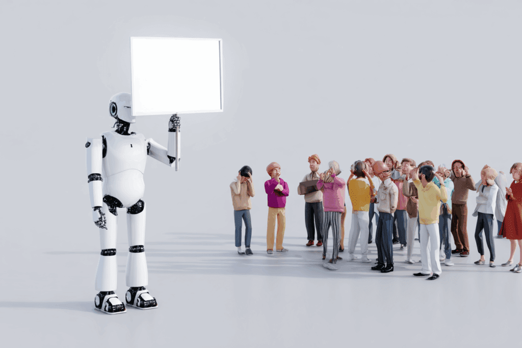 A robot holds up a blank white sign while a group of humans reacts with visible confusion, disappointment, or frustration in a minimal white space.