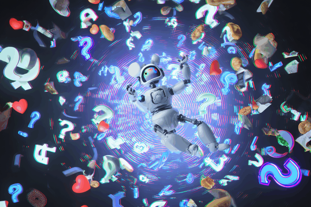 A cartoon-style robot floats in a digital vortex surrounded by glowing question marks, hearts, dollar signs, and fast food icons, capturing a chaotic overload of human queries.