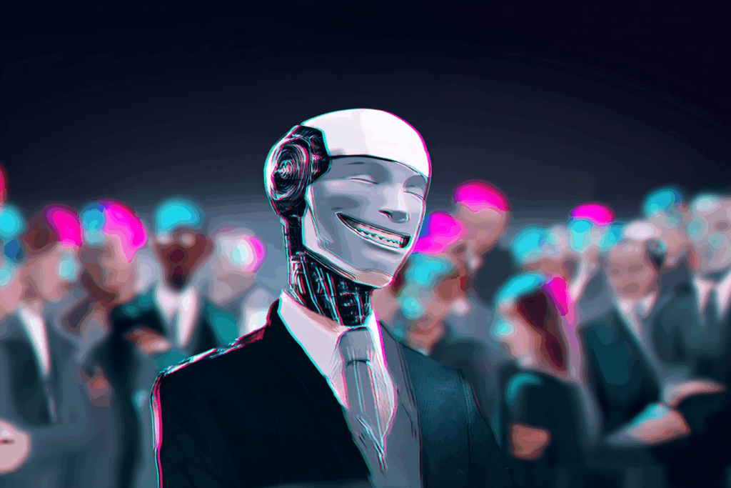 A sharply dressed humanoid robot smiles confidently in a crowded room, with digital glitch effects subtly distorting its features. The surrounding figures are blurred and indistinct.