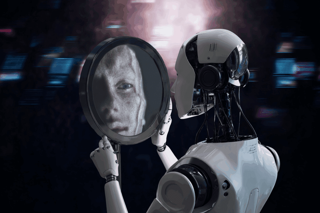 A humanoid robot stares into a circular mirror that reflects a distorted human face. The background is filled with motion-blurred digital fragments, emphasizing the theme of algorithmic reflection.