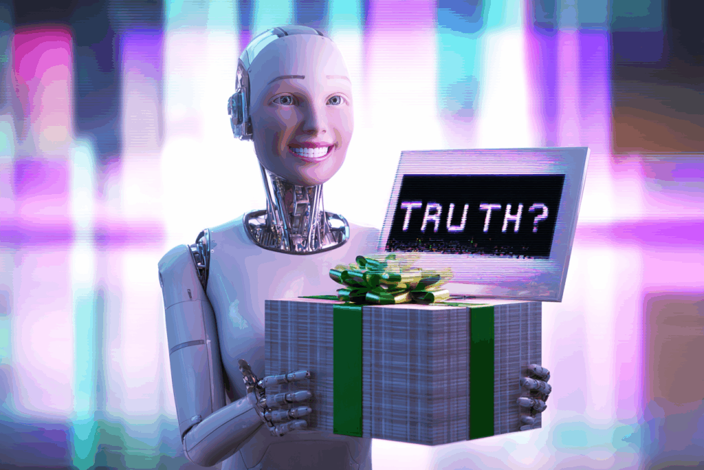 A humanoid robot with a cheerful smile offers a gift box tied with a green ribbon. The box lid is open to reveal a glitchy digital screen displaying the word “TRUTH?”