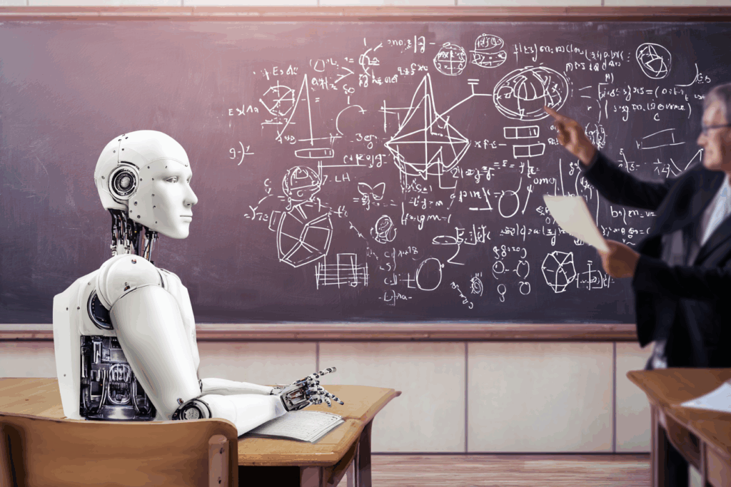 A humanoid robot sits attentively at a school desk, facing a chalkboard filled with complex white diagrams and symbols, while a human teacher gestures in the background.