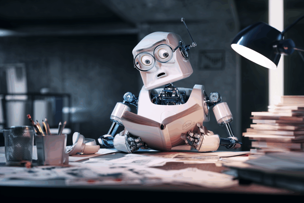 A cartoonish robot with oversized glasses stares in confusion at a joke book while seated at a cluttered desk under a lamp, surrounded by papers and office supplies.